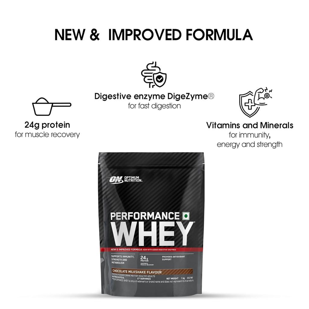 Optimum Nutrition (ON) Performance Whey Protein Powder, 24g Protein,1Kg (Chocolate Milkshake), Ultra-Filtered and Concentrated Whey Protein