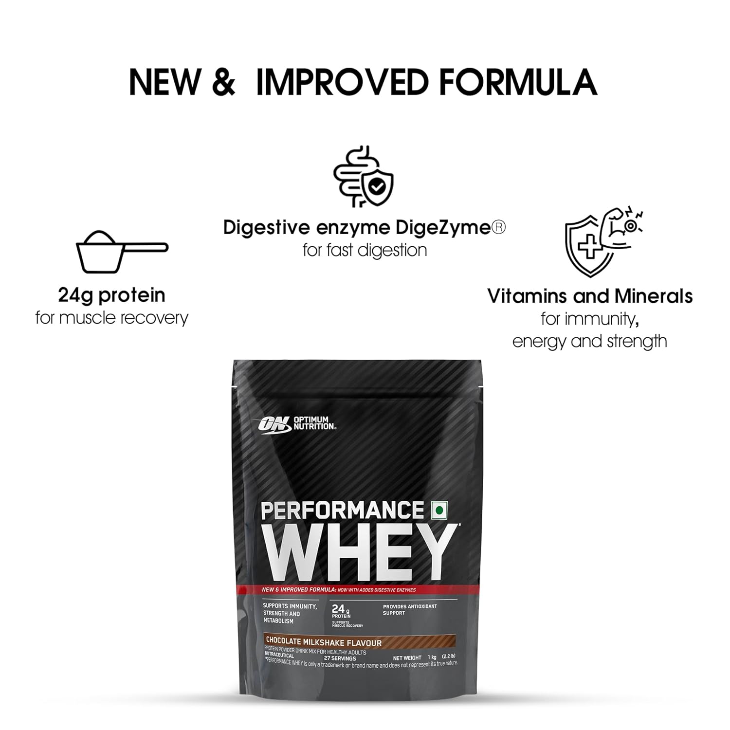 Optimum Nutrition (ON) Performance Whey Protein Powder, 24g Protein,1Kg (Chocolate Milkshake), Ultra-Filtered and Concentrated Whey Protein