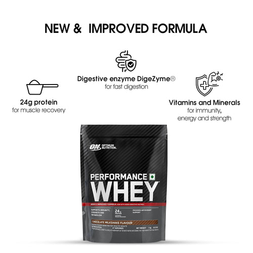 Optimum Nutrition (ON) Performance Whey Protein Powder, 24g Protein,1Kg (Chocolate Milkshake), Ultra-Filtered and Concentrated Whey Protein