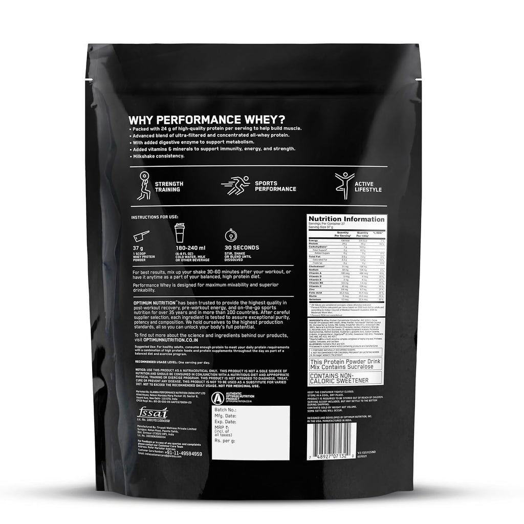 Optimum Nutrition (ON) Performance Whey Protein Powder, 24g Protein,1Kg (Chocolate Milkshake), Ultra-Filtered and Concentrated Whey Protein