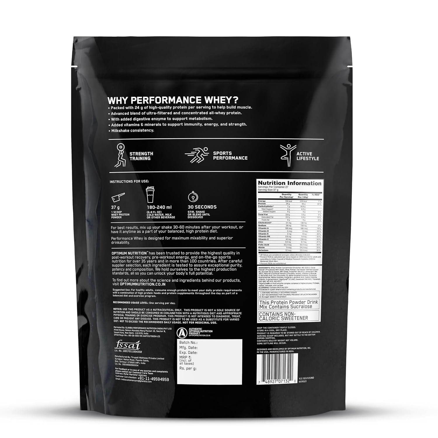 Optimum Nutrition (ON) Performance Whey Protein Powder, 24g Protein,1Kg (Chocolate Milkshake), Ultra-Filtered and Concentrated Whey Protein