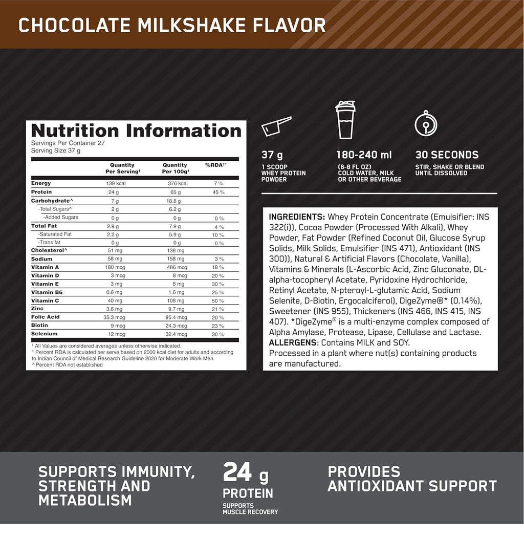 Optimum Nutrition (ON) Performance Whey Protein Powder, 24g Protein,1Kg (Chocolate Milkshake), Ultra-Filtered and Concentrated Whey Protein