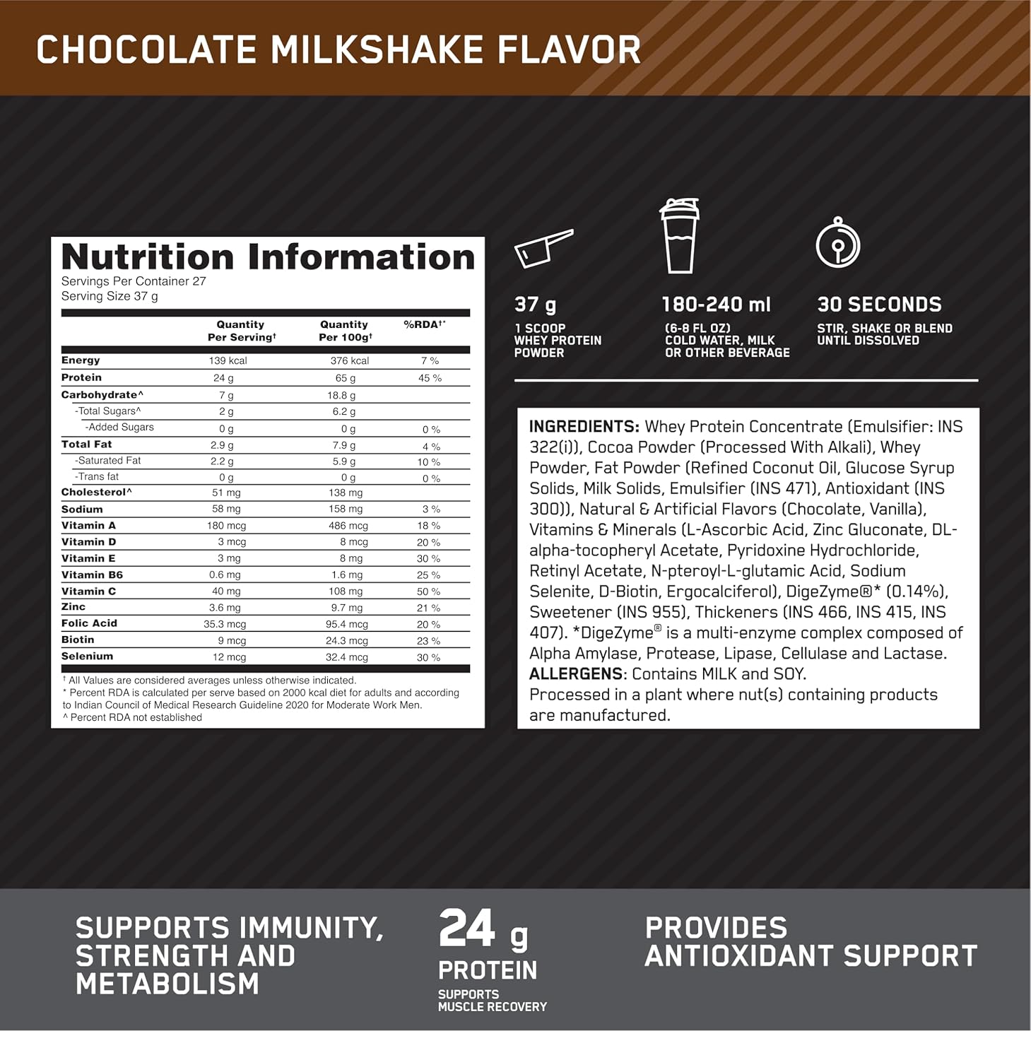 Optimum Nutrition (ON) Performance Whey Protein Powder, 24g Protein,1Kg (Chocolate Milkshake), Ultra-Filtered and Concentrated Whey Protein